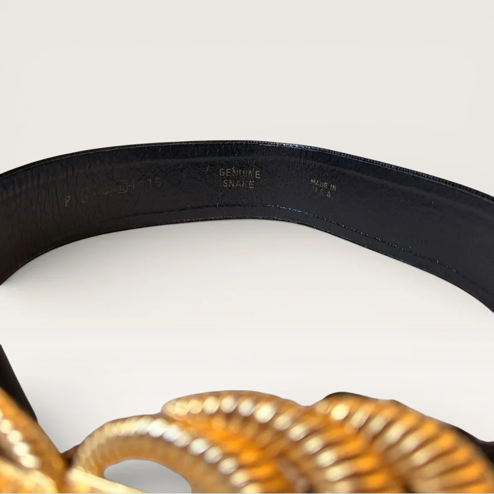 Vintage 90s Accessocraft Gold Belt Buckle w/ Black Snakeskin Leather Belt 29” - Picture 6 of 12